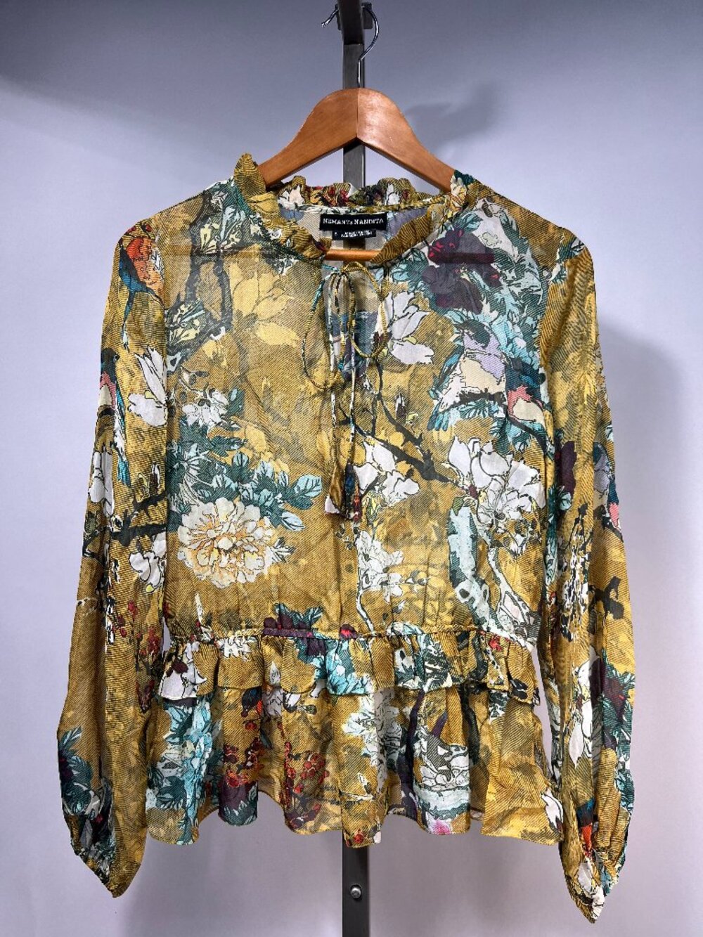 HEMANT & NANDITA x Anthropologie Keystone Sheer Silk Floral Peplum Blouse S